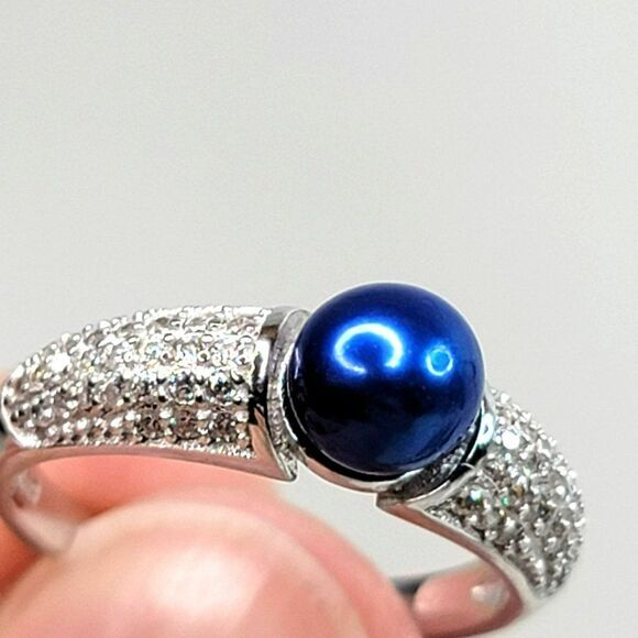 Pure Chic 925 SS Adjustable Ring With Bright Blue Freshwater Pearl - Picture 2 of 6